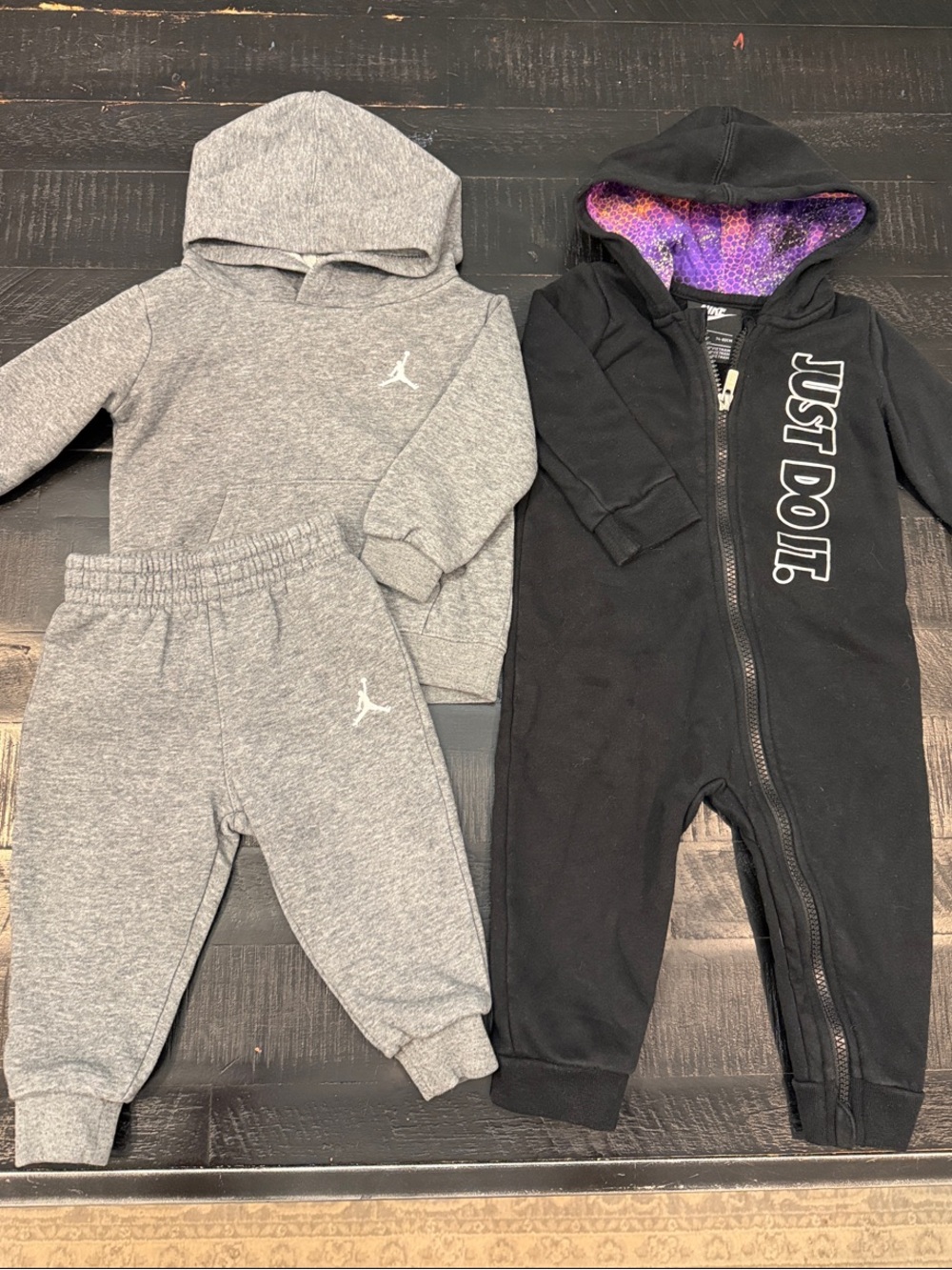 Boys Air Jordan Gray Hoodie Set & Nike Black Zip Romper Set
